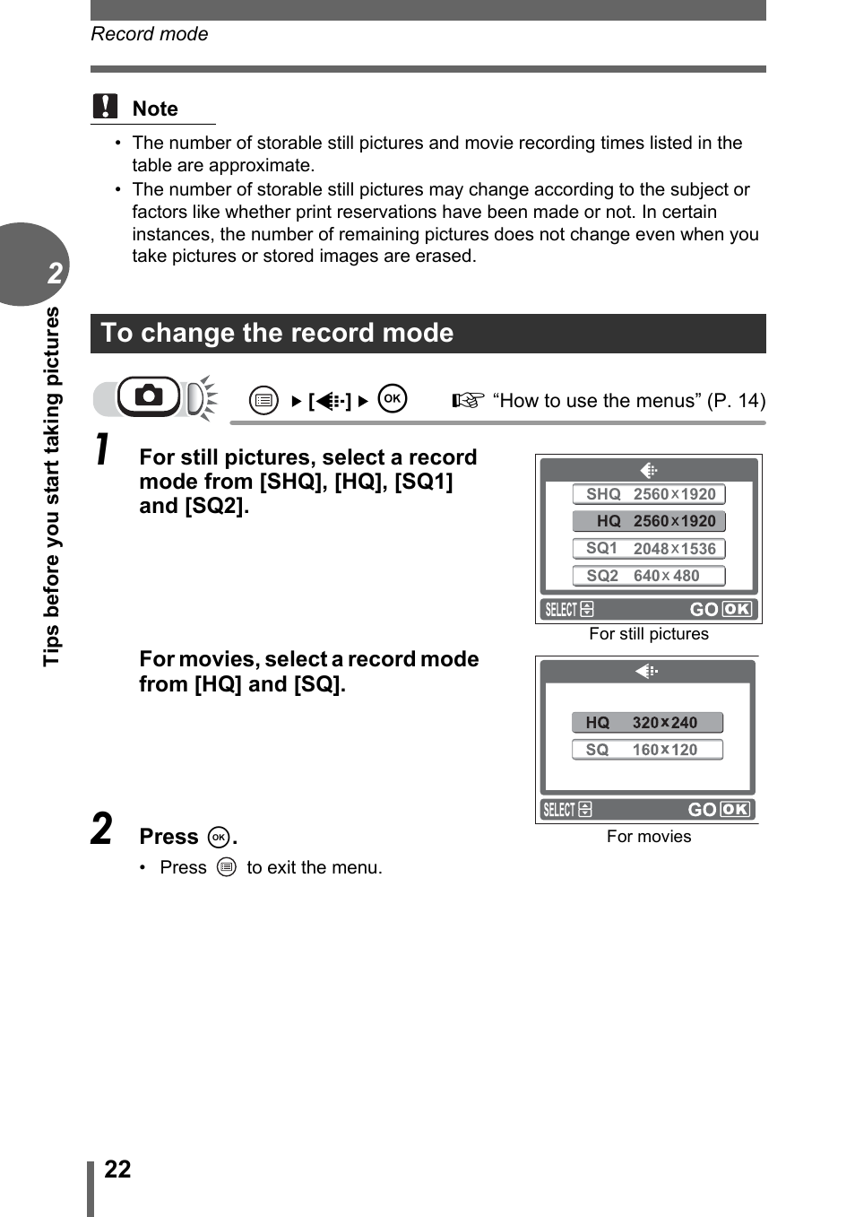 To change the record mode | Olympus FE-115 User Manual | Page 22 / 110