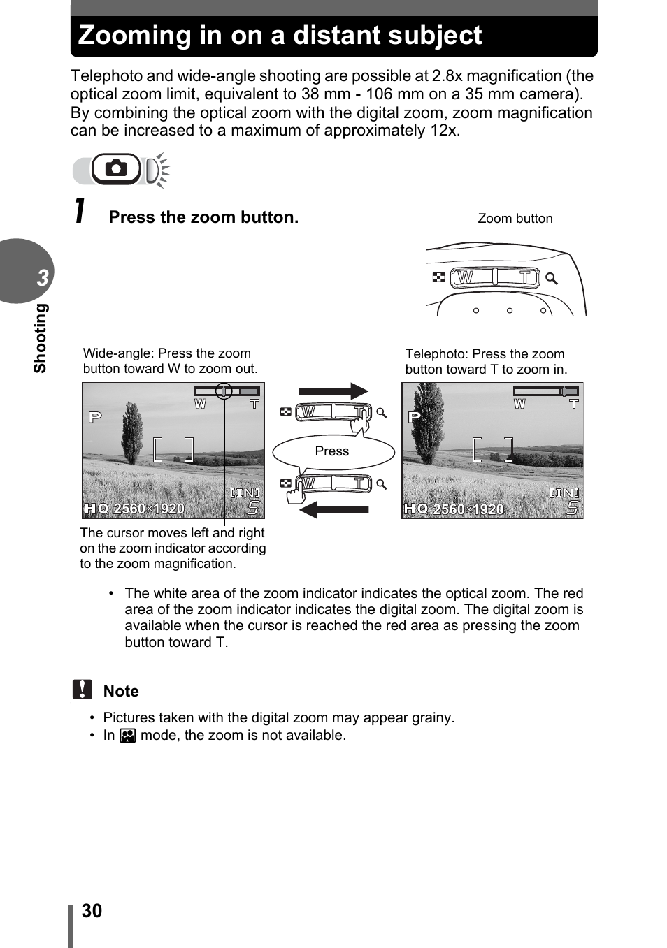 Zooming in on a distant subject | Olympus FE-115 User Manual | Page 30 / 110