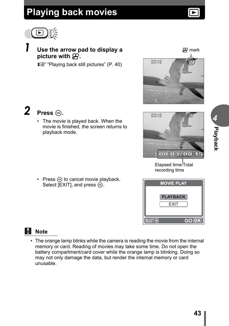 Playing back movies | Olympus FE-115 User Manual | Page 43 / 110