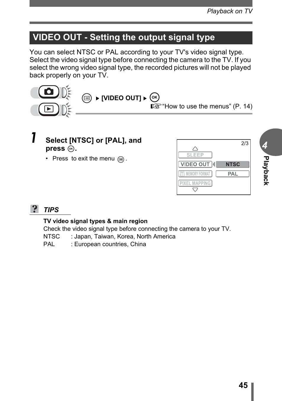 Video out - setting the output signal type | Olympus FE-115 User Manual | Page 45 / 110
