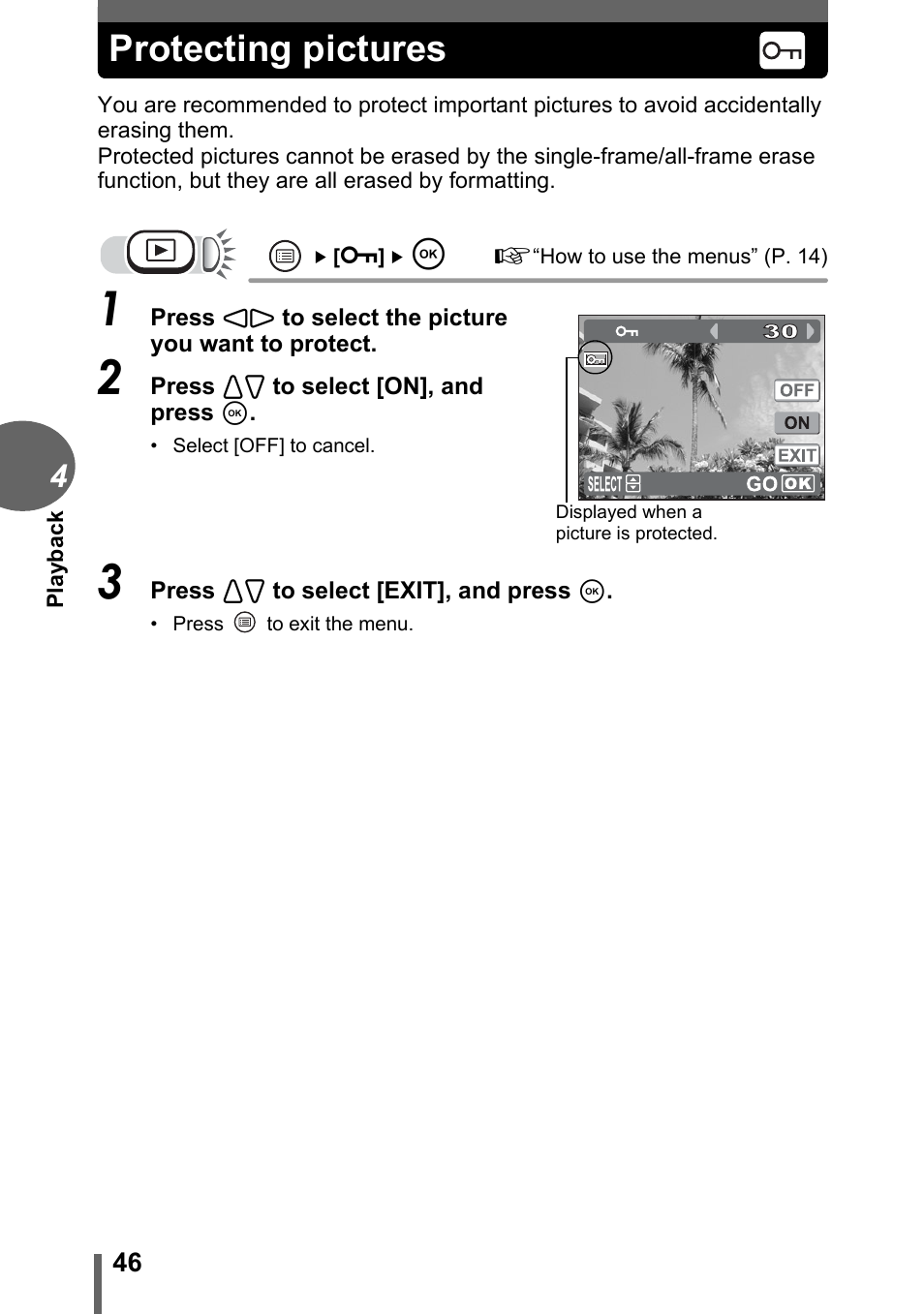 Protecting pictures | Olympus FE-115 User Manual | Page 46 / 110