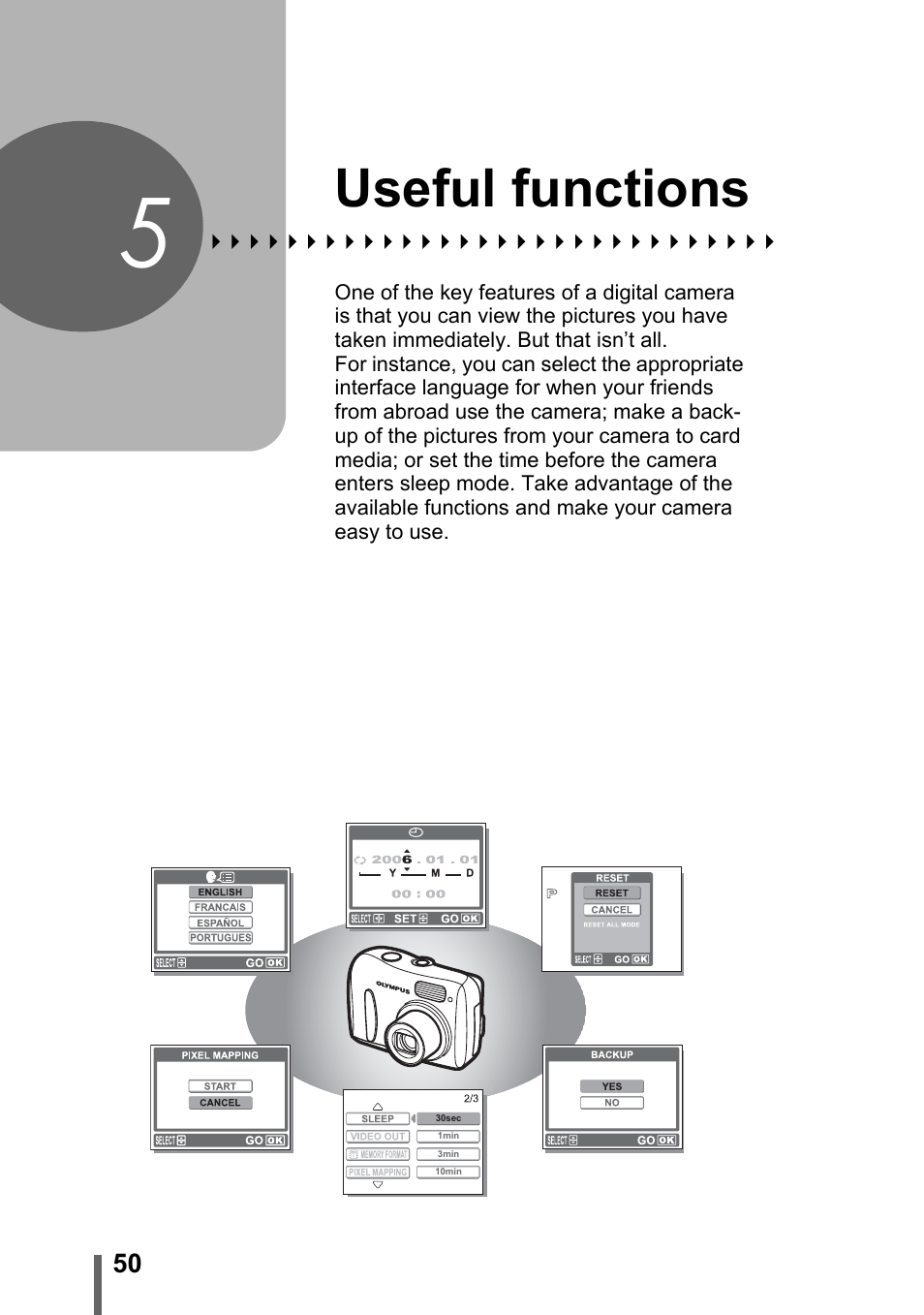 5 useful functions, Useful functions, P. 50 | Olympus FE-115 User Manual | Page 50 / 110