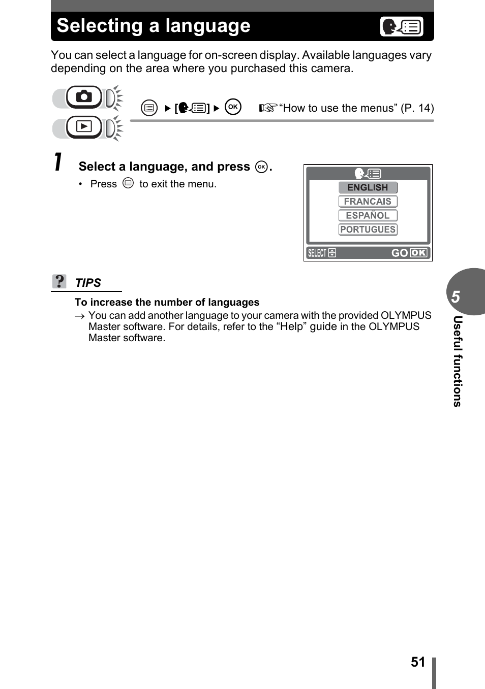 Selecting a language | Olympus FE-115 User Manual | Page 51 / 110