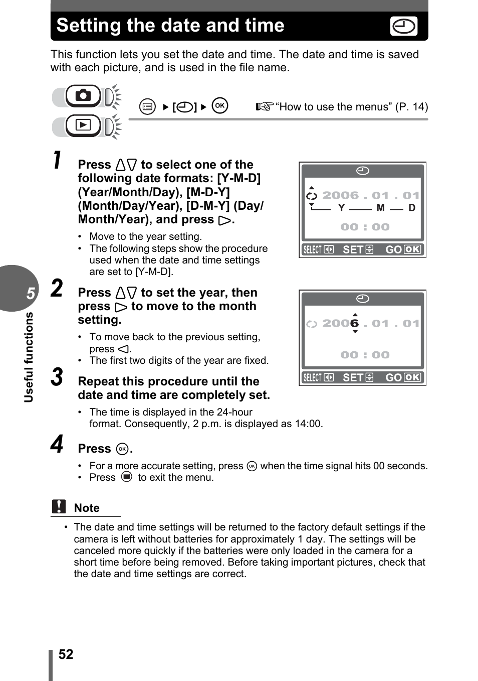 Setting the date and time | Olympus FE-115 User Manual | Page 52 / 110