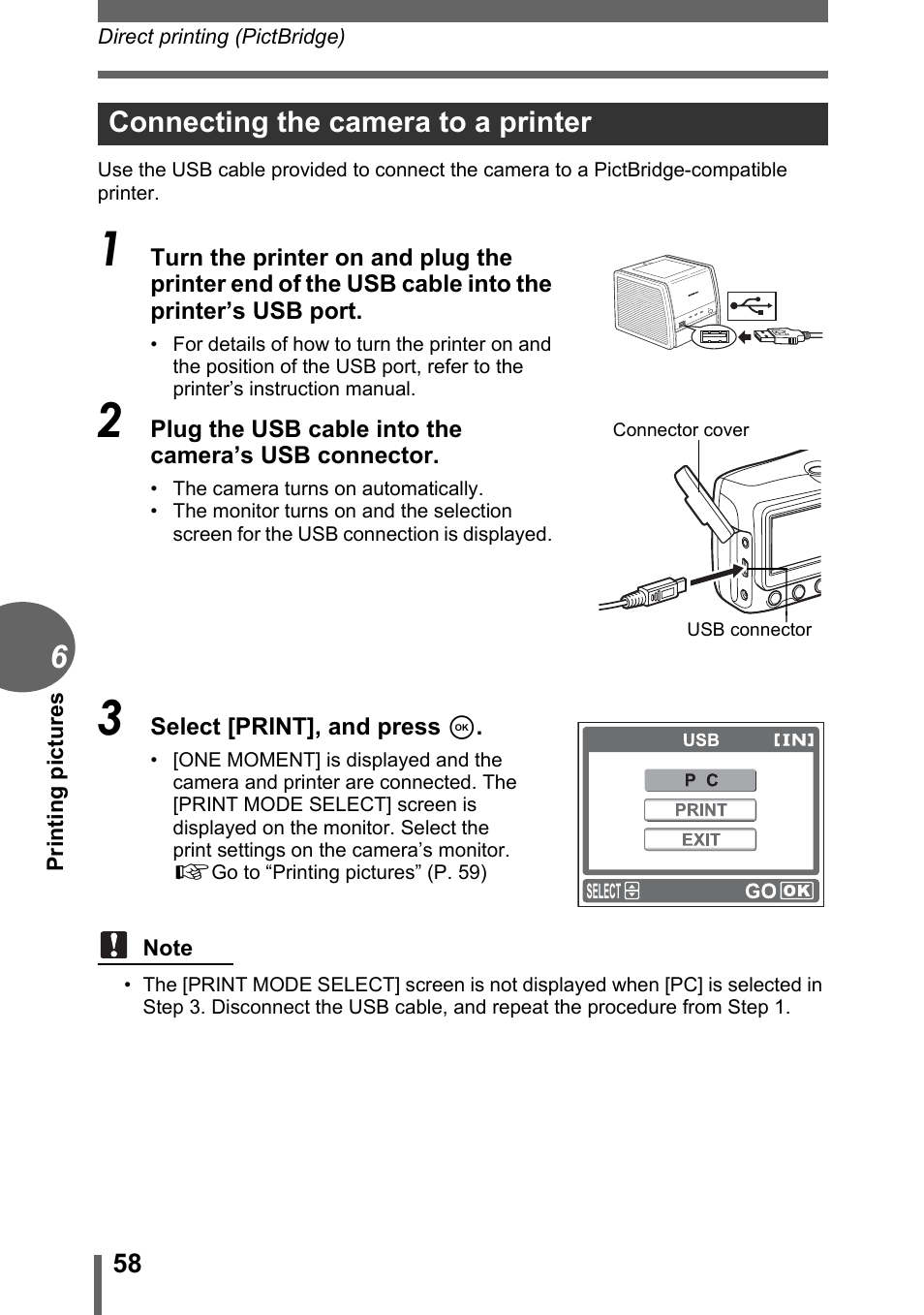 Connecting the camera to a printer | Olympus FE-115 User Manual | Page 58 / 110