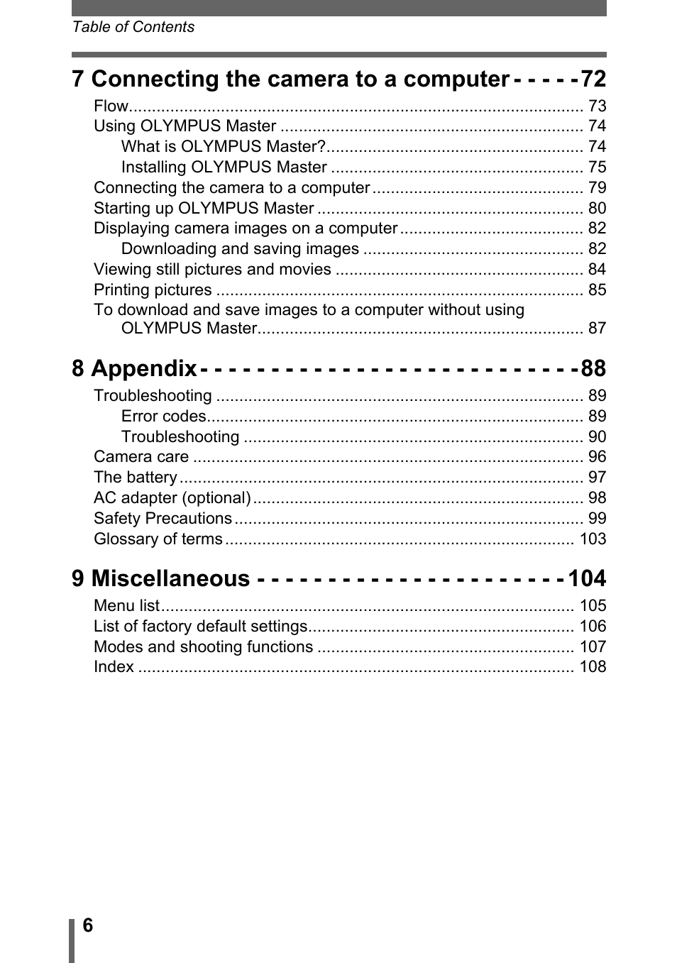 7 connecting the camera to a computer, 8 appendix, 9 miscellaneous | Olympus FE-115 User Manual | Page 6 / 110