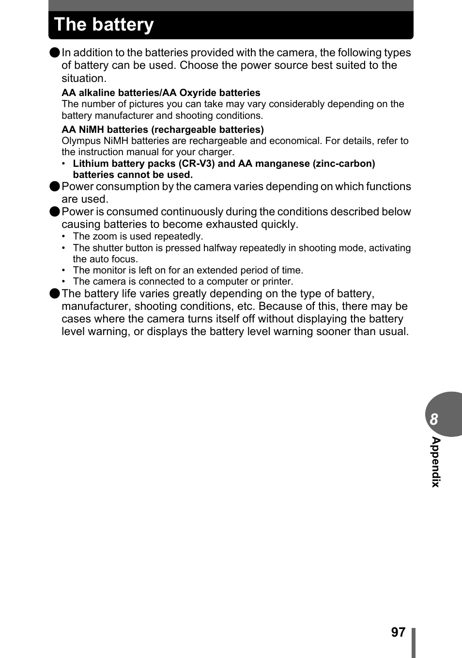 The battery | Olympus FE-115 User Manual | Page 97 / 110