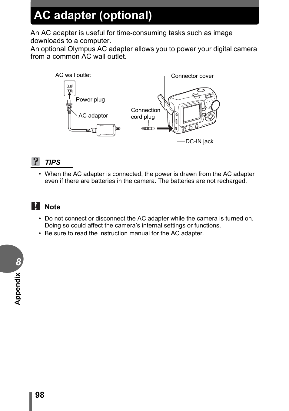 Ac adapter (optional) | Olympus FE-115 User Manual | Page 98 / 110