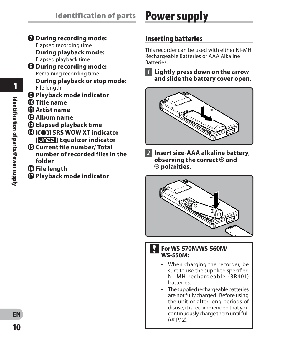 Power supply, Identification of parts, Inserting batteries | Olympus WS-560M User Manual | Page 10 / 72