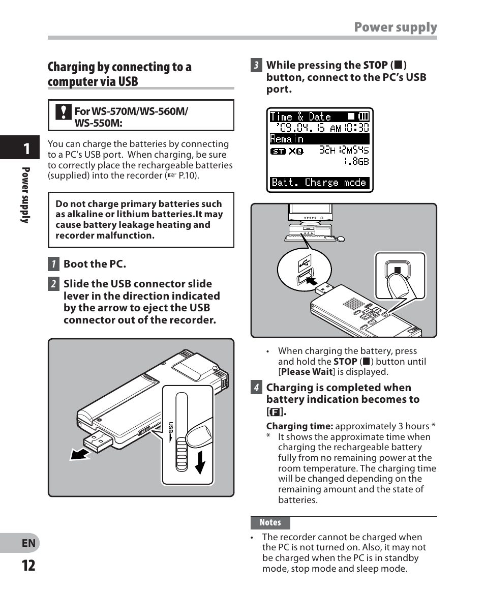 Power supply, Charging by connecting to a computer via usb | Olympus WS-560M User Manual | Page 12 / 72