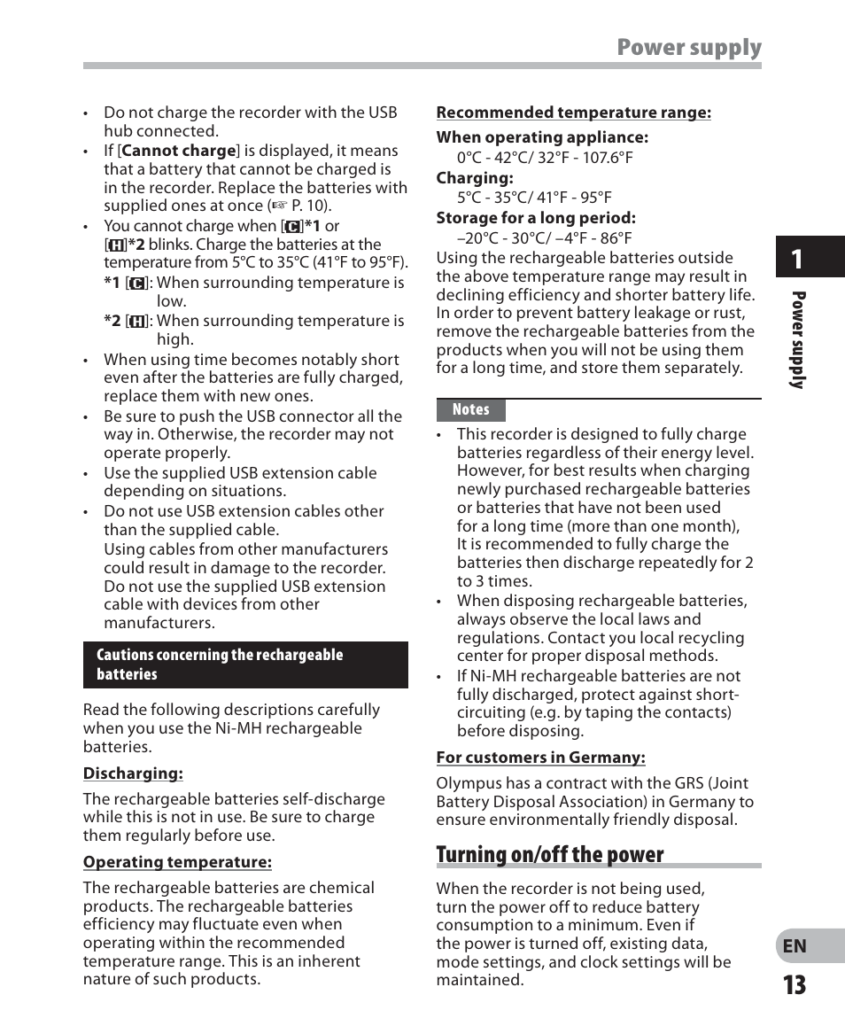 Power supply, Turning on/off the power | Olympus WS-560M User Manual | Page 13 / 72