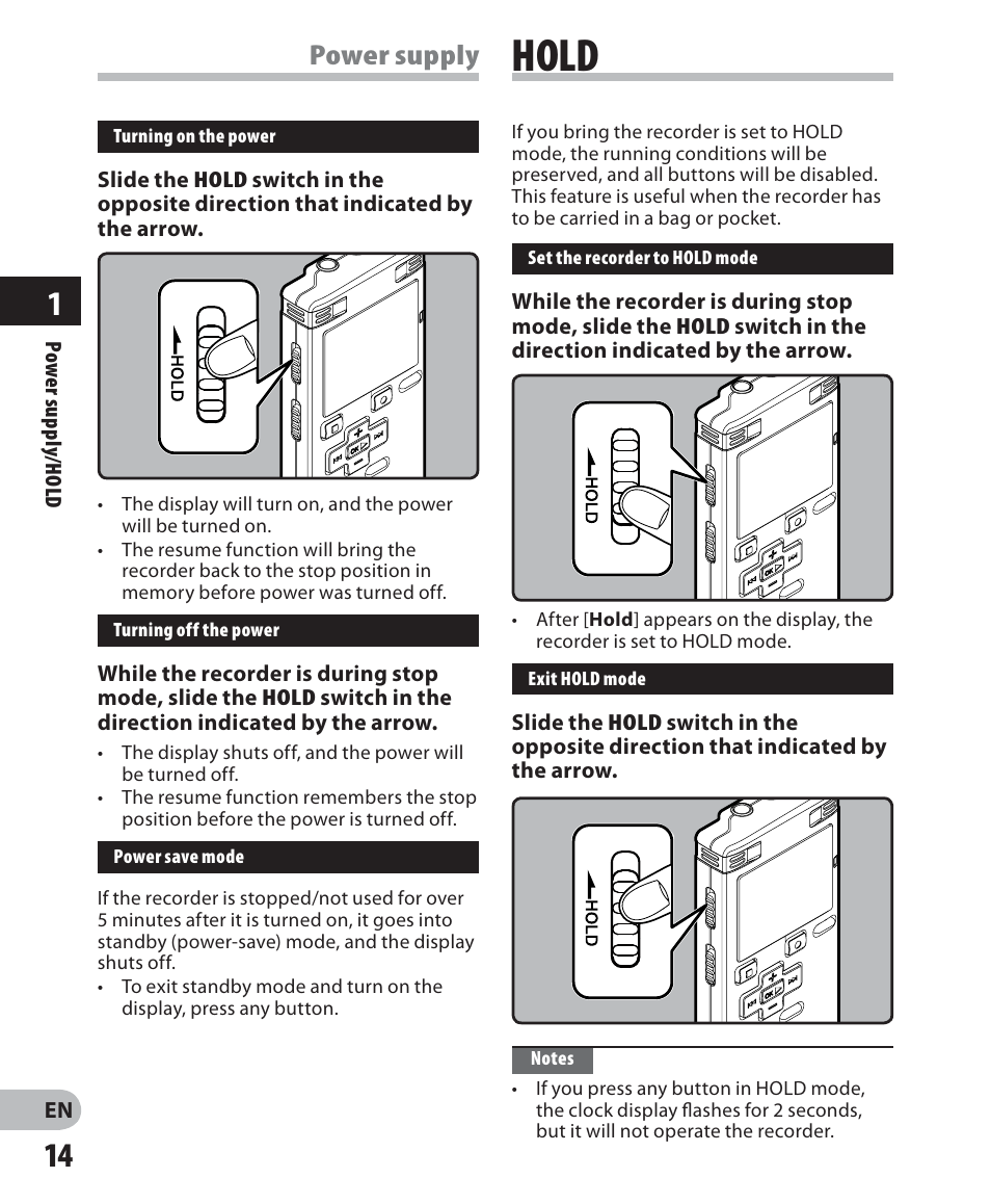 Hold, Power supply | Olympus WS-560M User Manual | Page 14 / 72