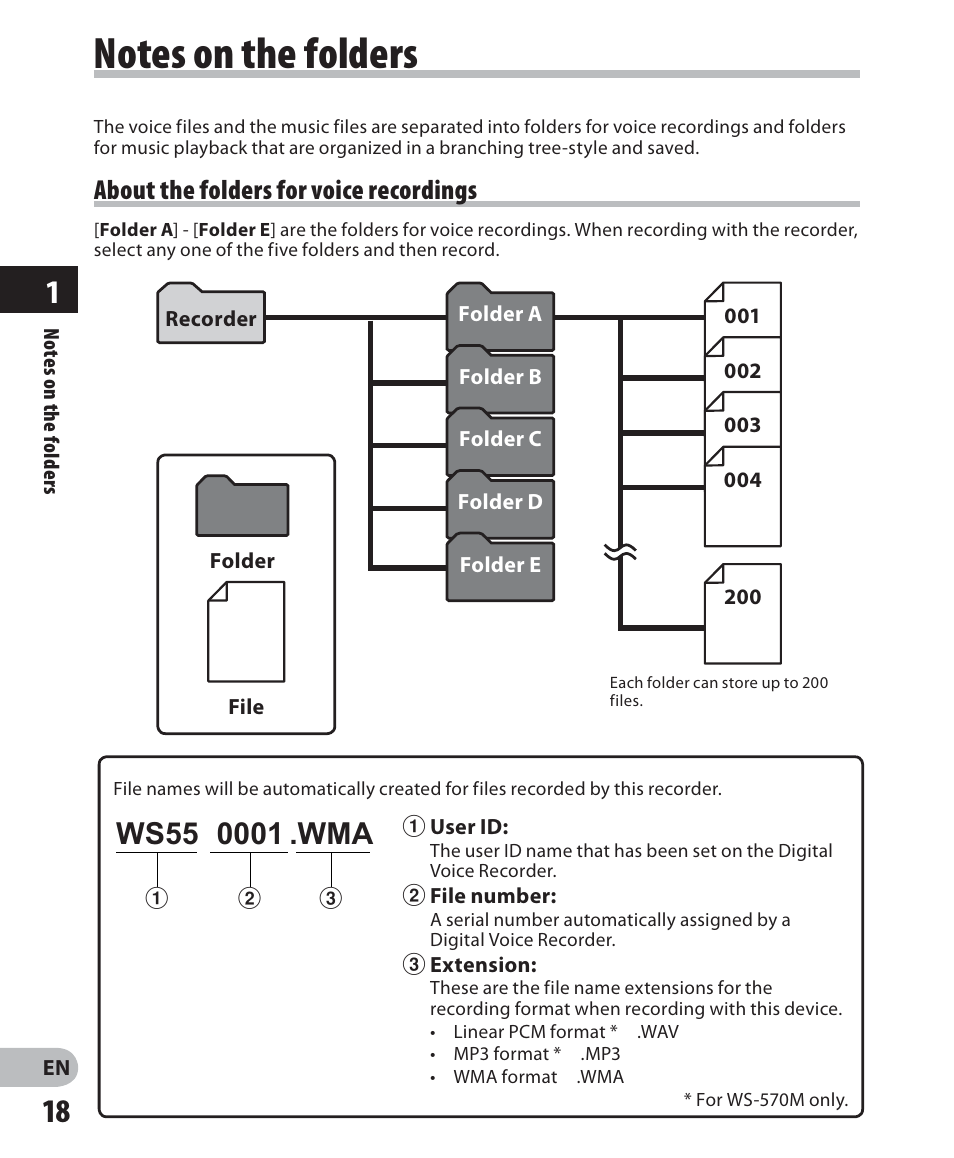 About the folders for voice recordings | Olympus WS-560M User Manual | Page 18 / 72
