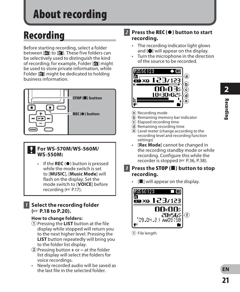 About recording, Recording | Olympus WS-560M User Manual | Page 21 / 72