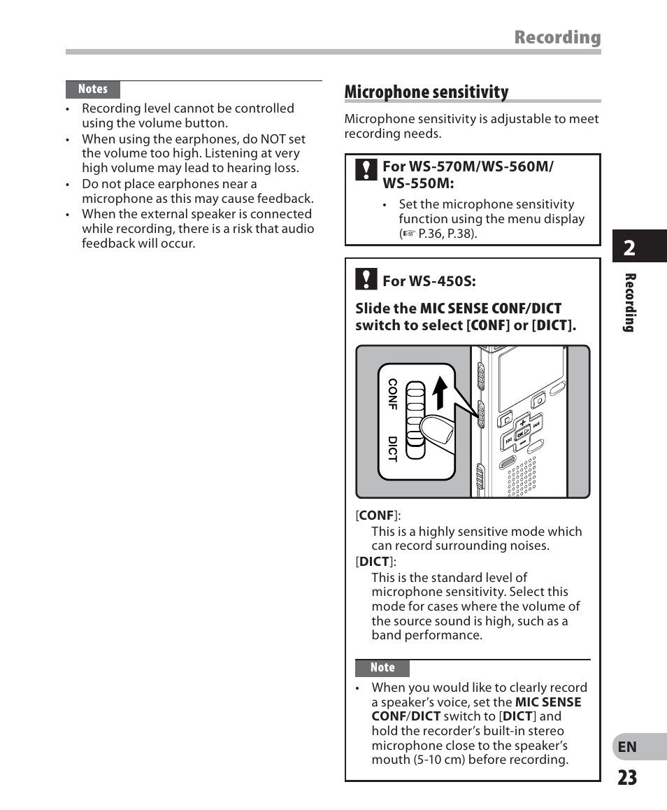 Recording, Microphone sensitivity | Olympus WS-560M User Manual | Page 23 / 72