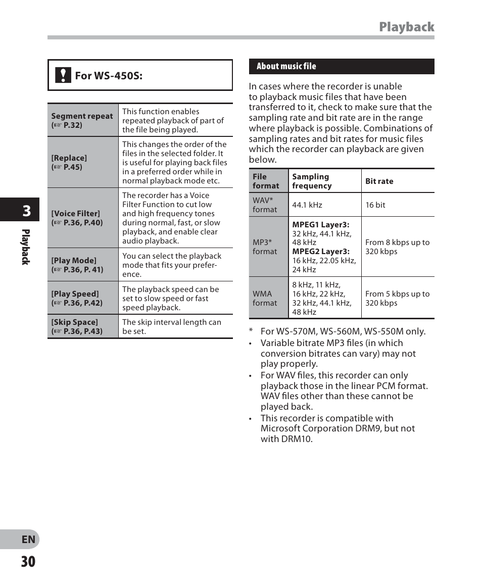 Playback, Pla yback, For ws-450s | Olympus WS-560M User Manual | Page 30 / 72