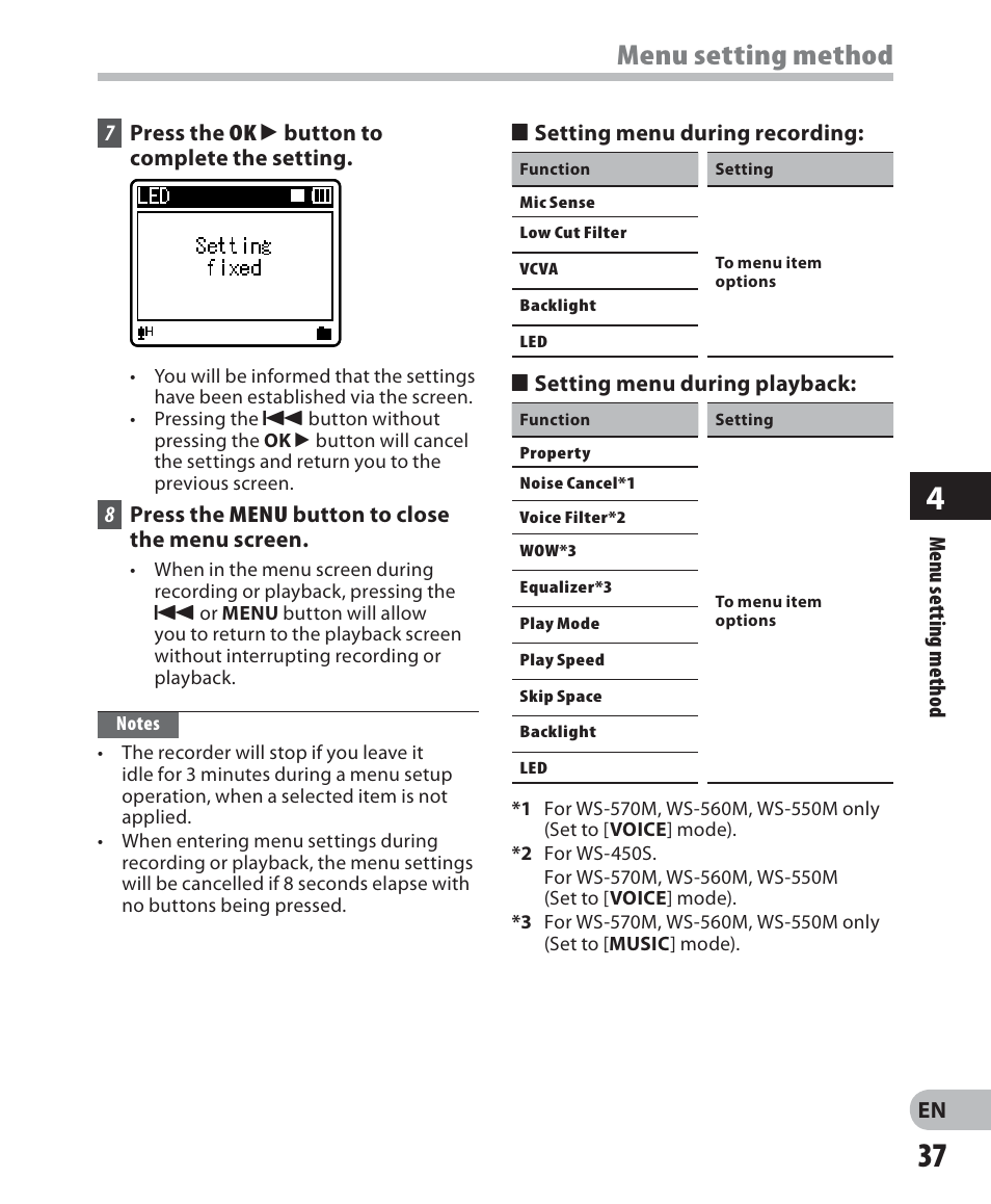 Menu setting method | Olympus WS-560M User Manual | Page 37 / 72