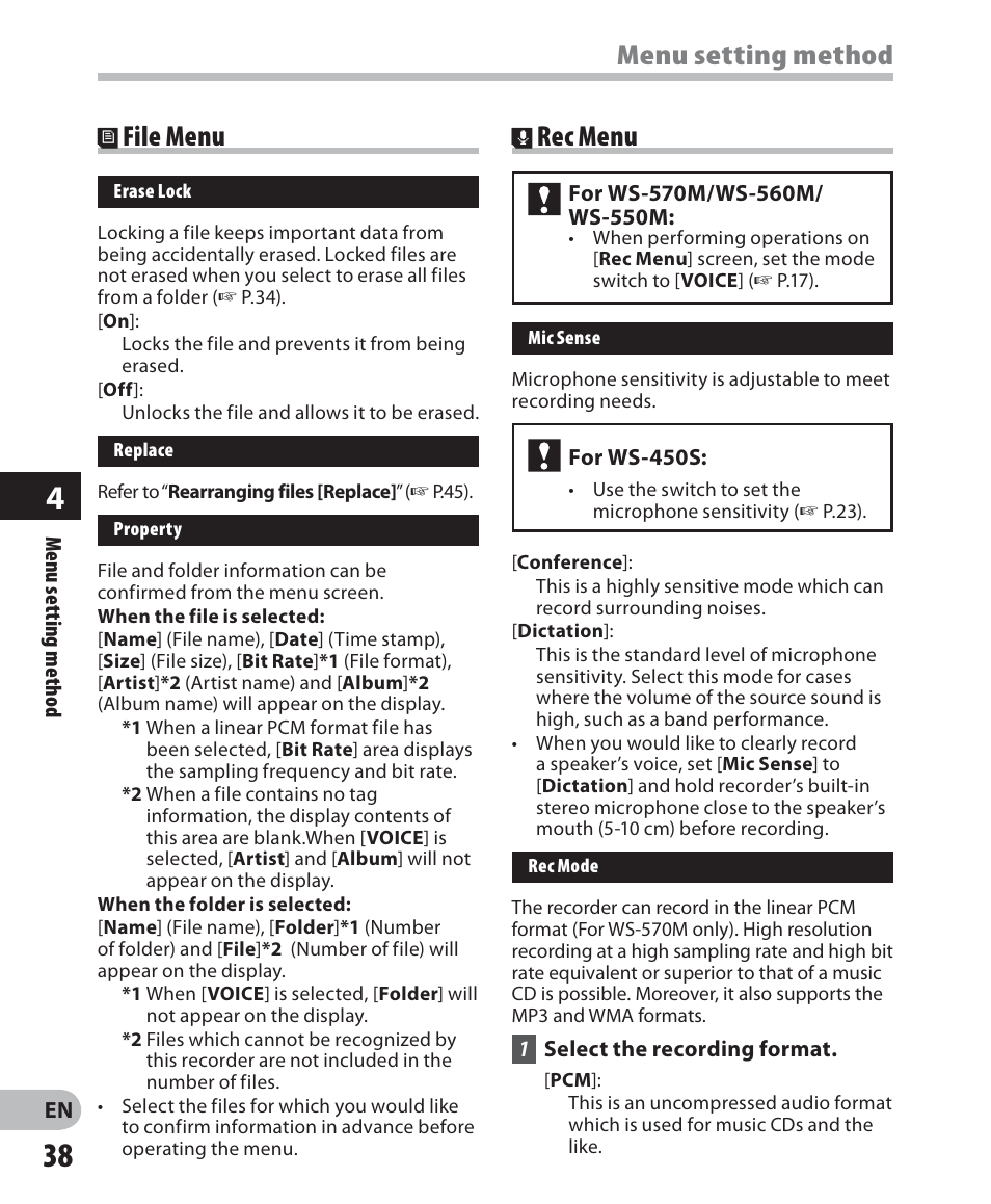 Menu setting method, Rec menu, File menu | Olympus WS-560M User Manual | Page 38 / 72