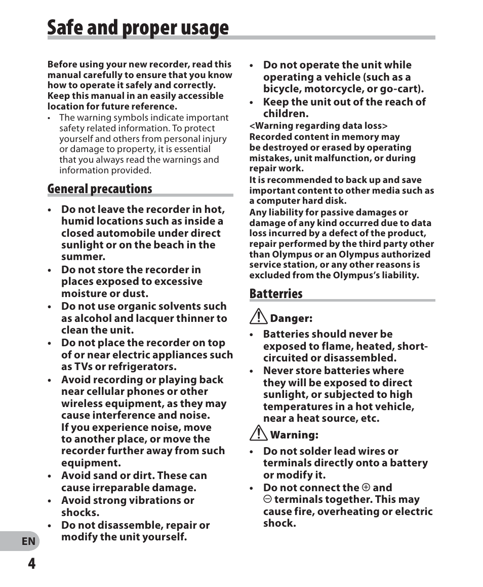 Safe and proper usage, General precautions, Batterries | Olympus WS-560M User Manual | Page 4 / 72