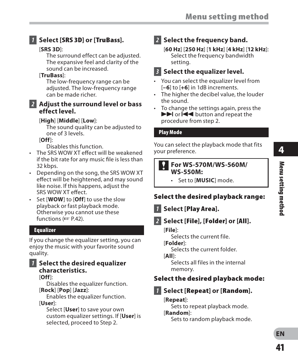 Menu setting method | Olympus WS-560M User Manual | Page 41 / 72