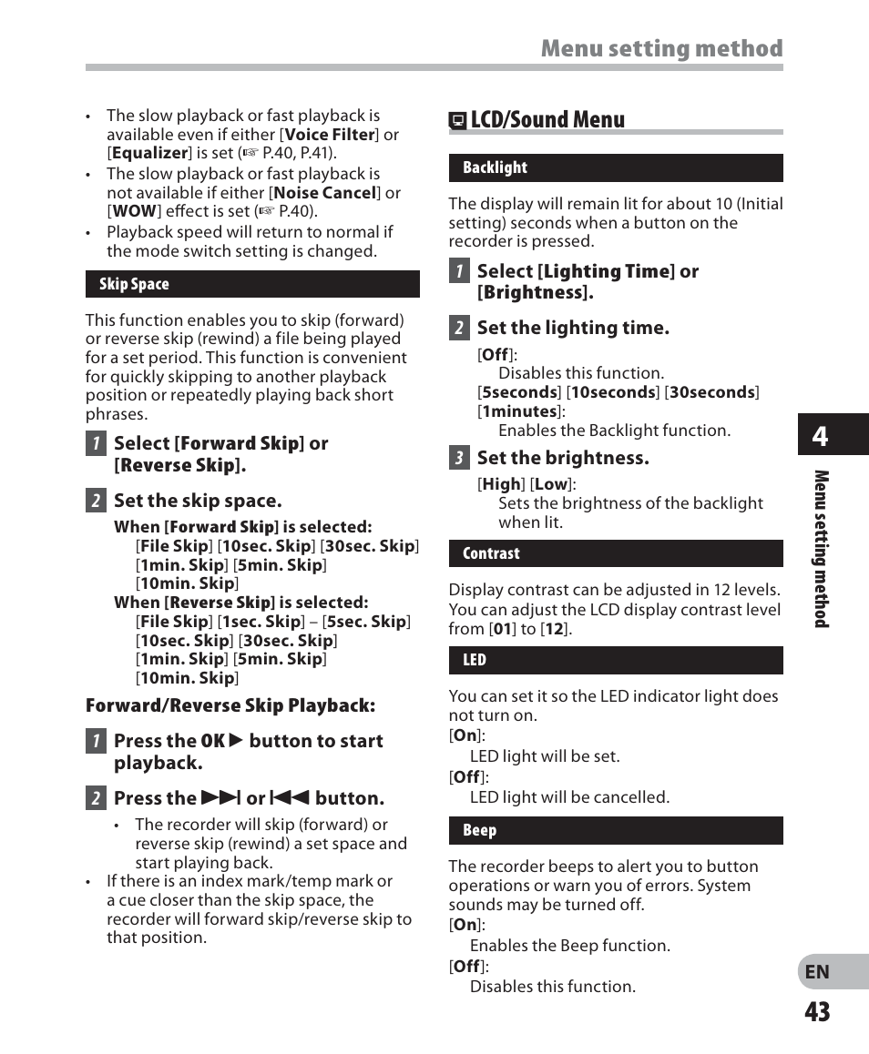Menu setting method, Lcd/sound menu | Olympus WS-560M User Manual | Page 43 / 72