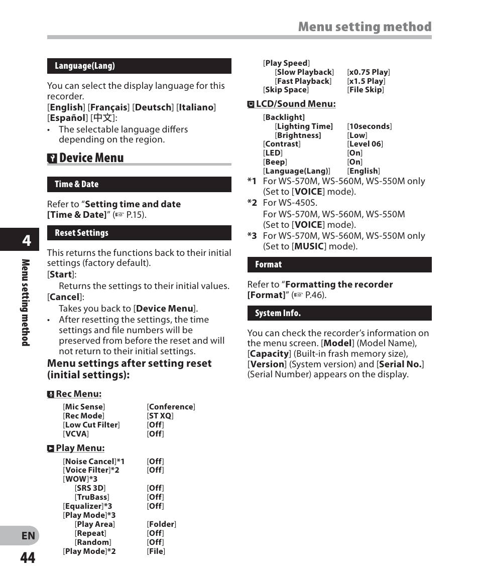 Menu setting method, Device menu | Olympus WS-560M User Manual | Page 44 / 72