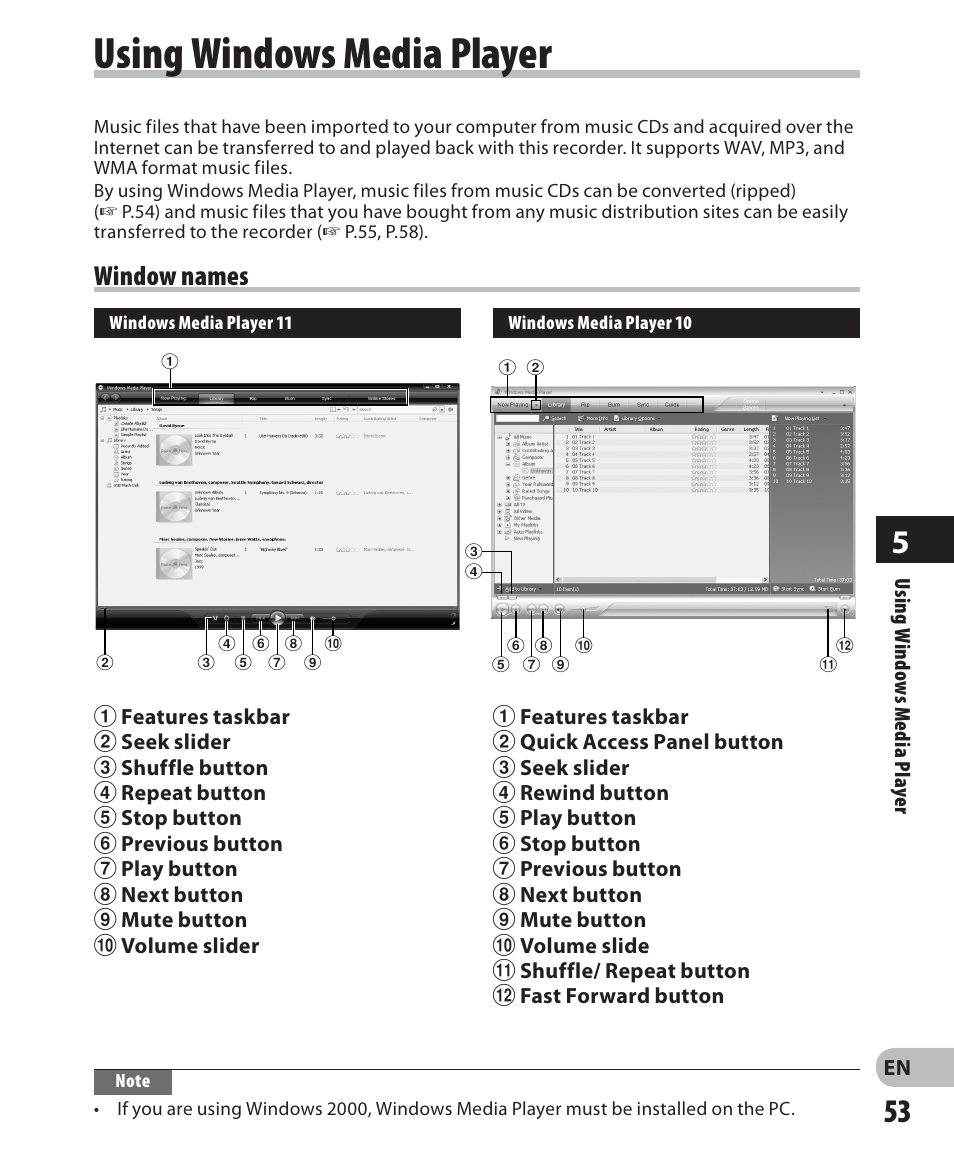 Using windows media player, Window names | Olympus WS-560M User Manual | Page 53 / 72