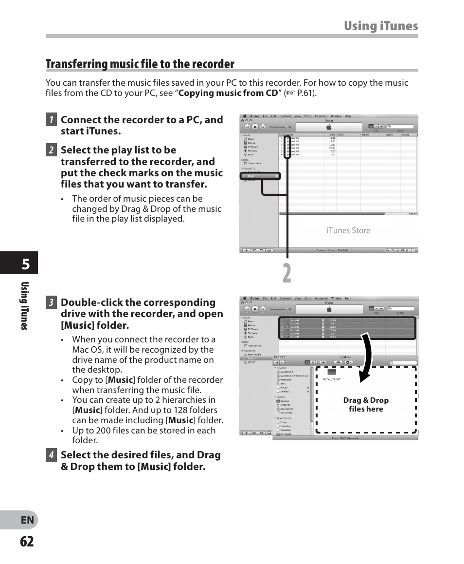 Using itunes, Transferring music file to the recorder | Olympus WS-560M User Manual | Page 62 / 72