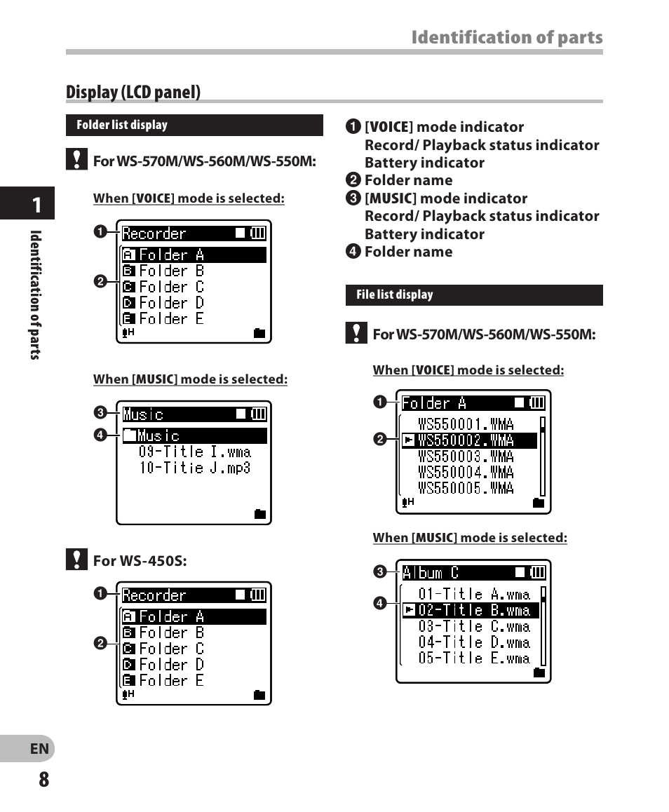 Identification of parts, Display (lcd panel) | Olympus WS-560M User Manual | Page 8 / 72