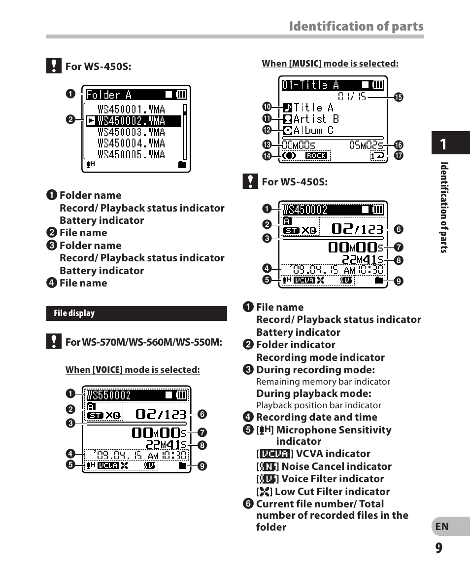 Identification of parts | Olympus WS-560M User Manual | Page 9 / 72