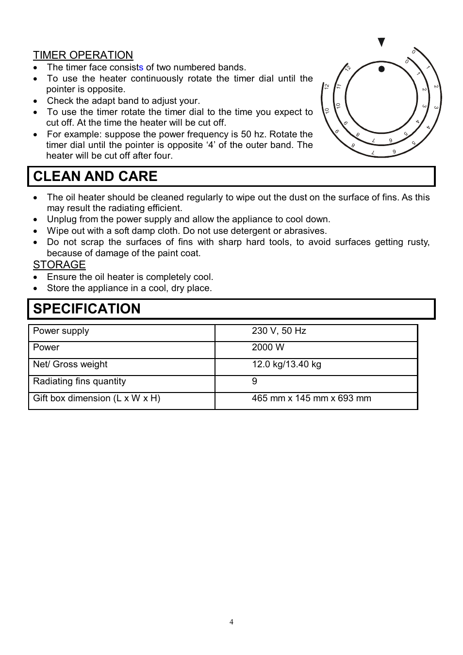 Clean and care, Specification, Timer operation | Storage | Scarlett SC-1158 User Manual | Page 4 / 7