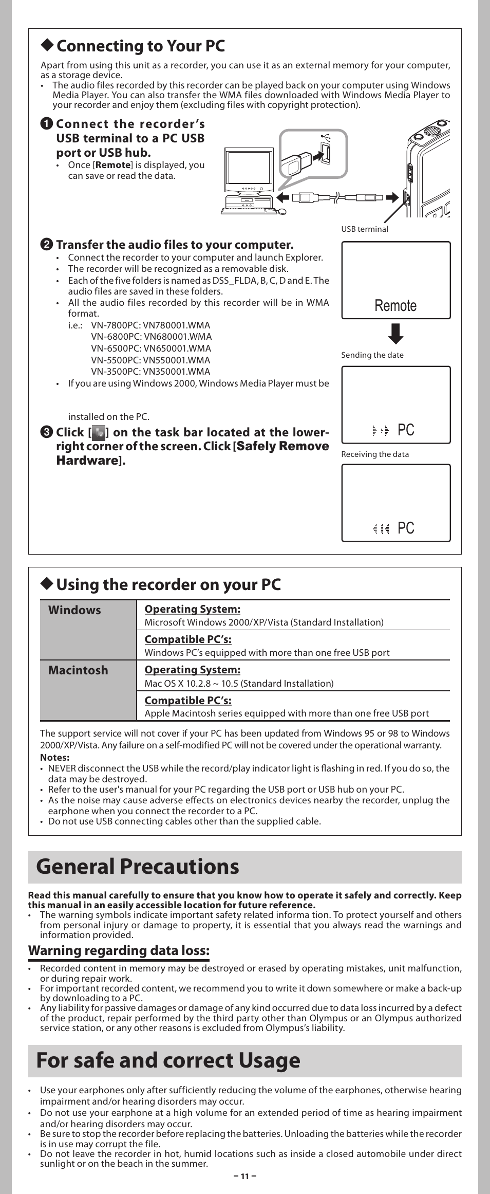 For safe and correct usage, General precautions, Hconnecting to your pc | Husing the recorder on your pc, Remote pc pc, Warning regarding data loss | Olympus VN-5500PC User Manual | Page 11 / 12