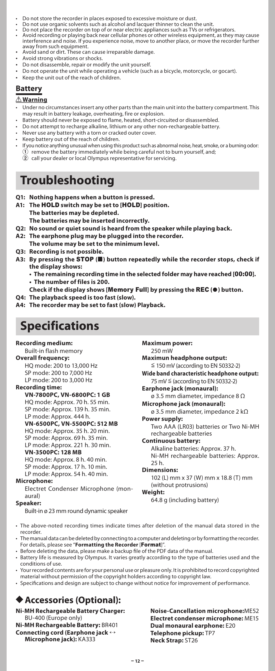 Troubleshooting, Specifications, Haccessories (optional) | Battery | Olympus VN-5500PC User Manual | Page 12 / 12
