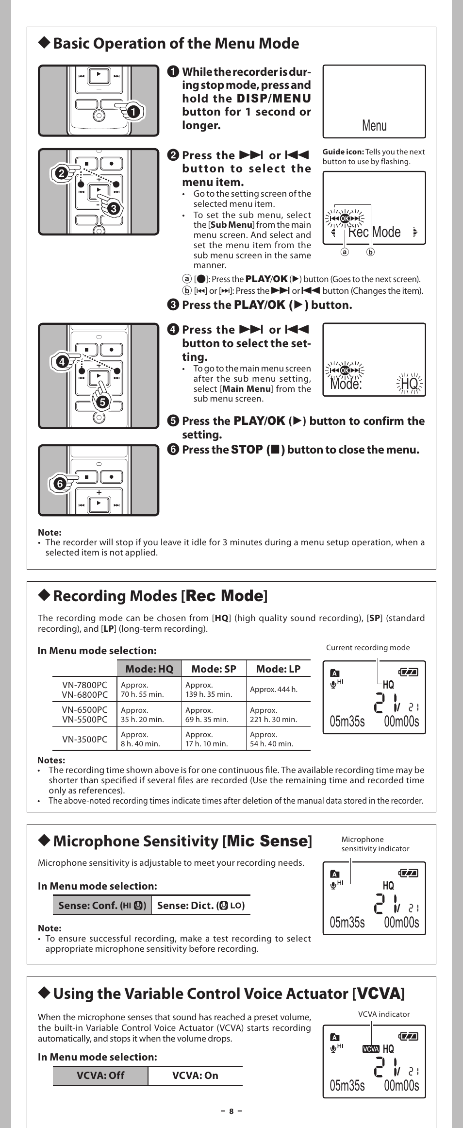 Hrecording modes [ rec mode, Hbasic operation of the menu mode, Menu rec mode | Olympus VN-5500PC User Manual | Page 8 / 12