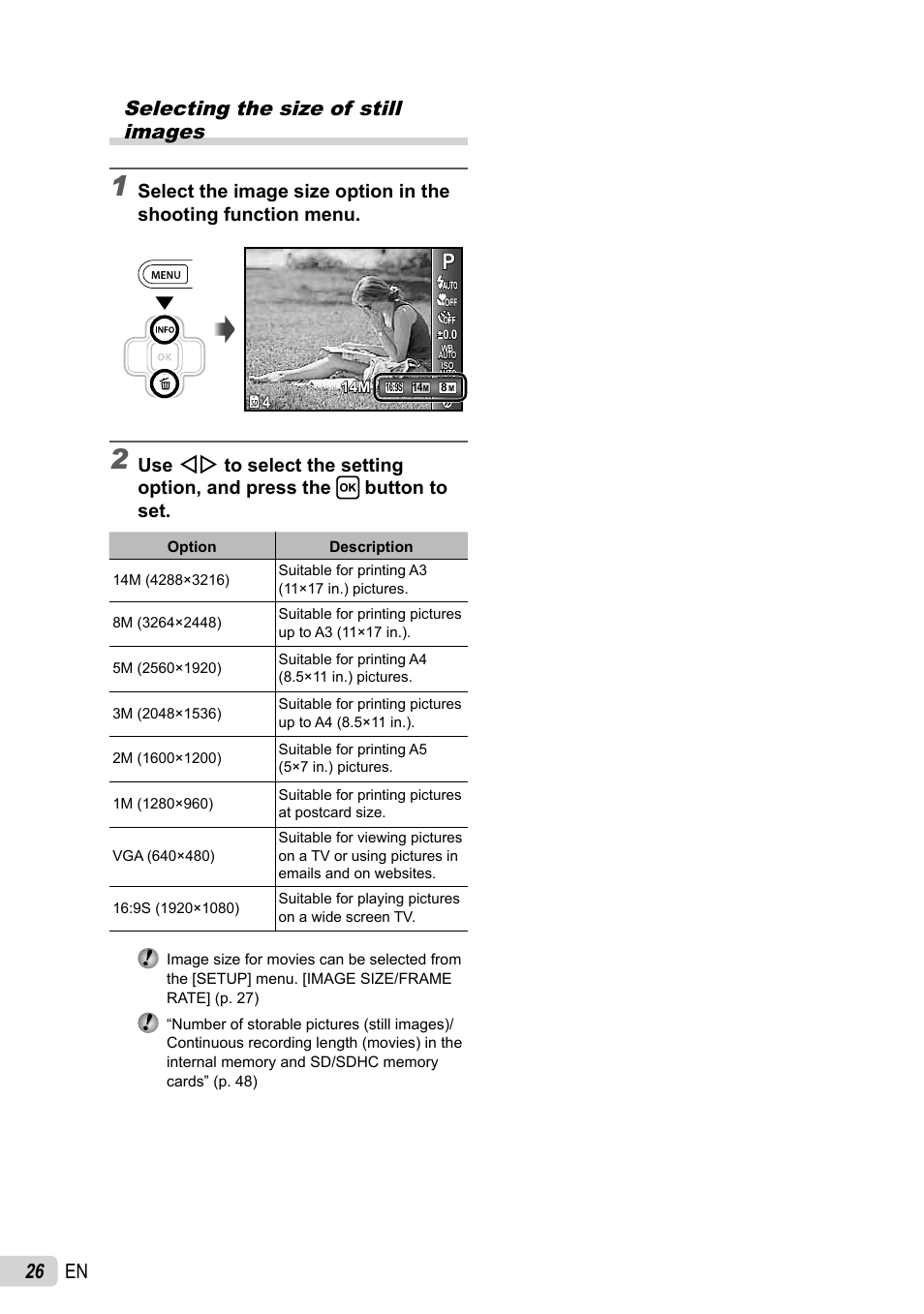 26 en selecting the size of still images | Olympus X-43 User Manual | Page 26 / 59