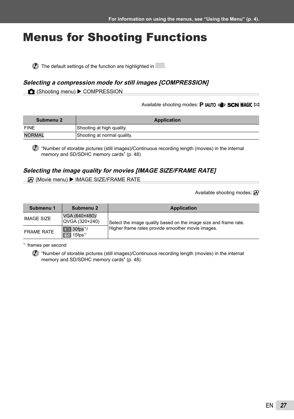 Menus for shooting functions, 27 en | Olympus X-43 User Manual | Page 27 / 59