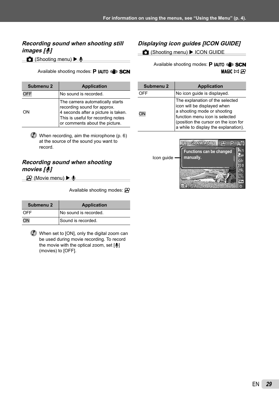 29 en, Recording sound when shooting still images [ r ] z, Recording sound when shooting movies [ r | Displaying icon guides [icon guide] z | Olympus X-43 User Manual | Page 29 / 59
