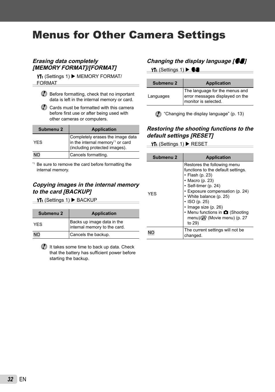 Menus for other camera settings, 32 en, Changing the display language [ w | Olympus X-43 User Manual | Page 32 / 59