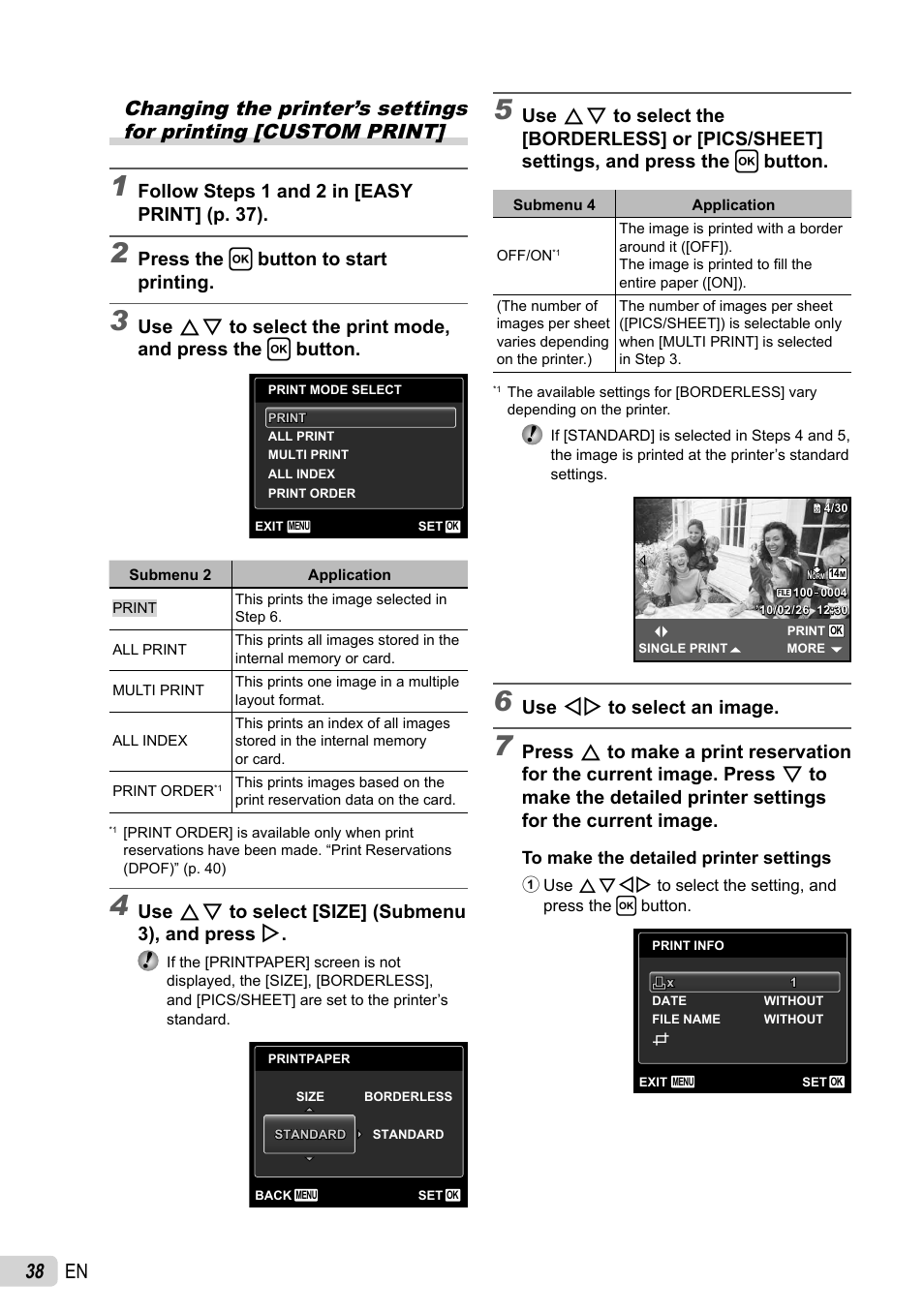 Follow steps 1 and 2 in [easy print] (p. 37), Press the h button to start printing, Use fg to select [size] (submenu 3), and press i | Use hi to select an image | Olympus X-43 User Manual | Page 38 / 59