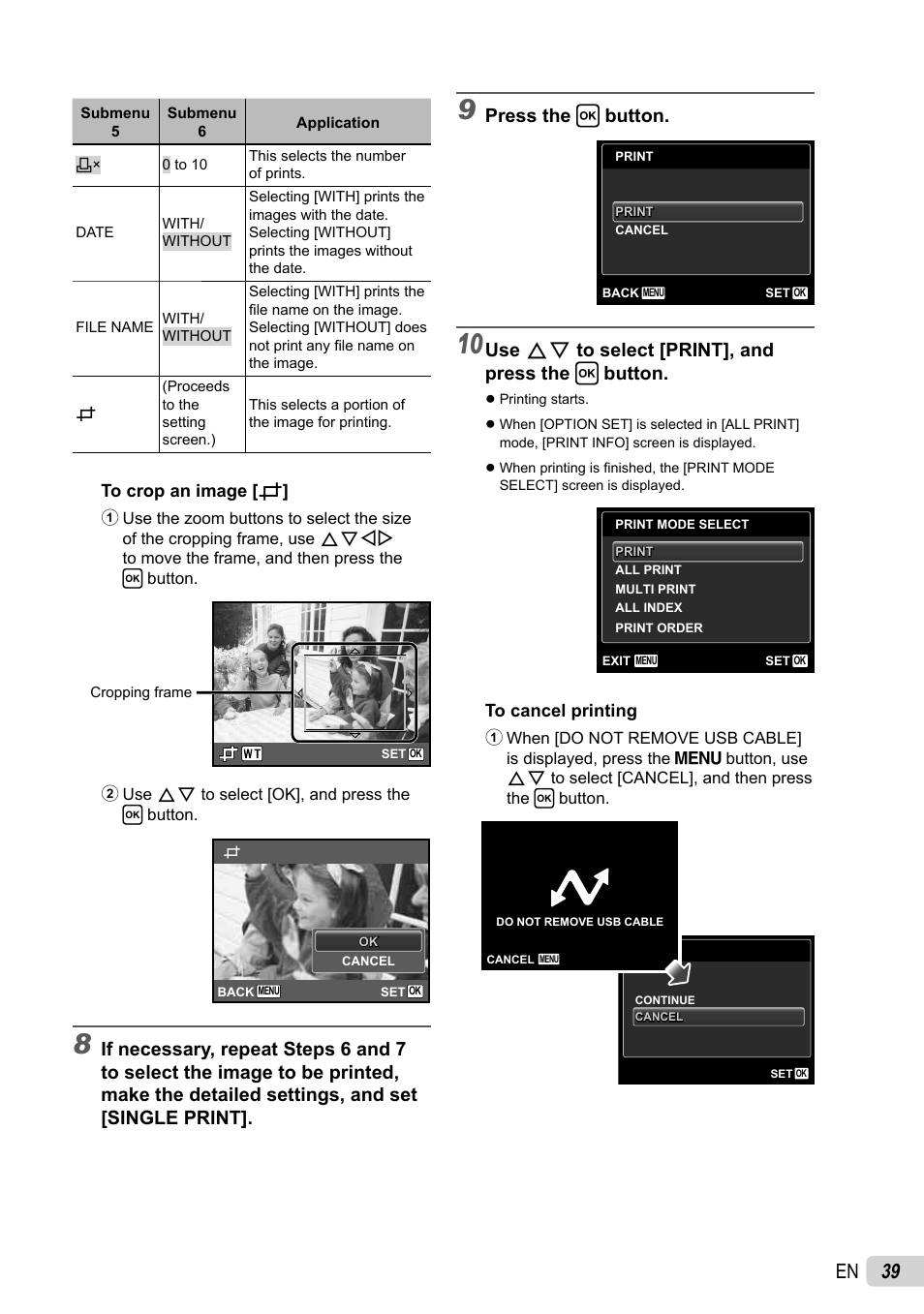 39 en, Press the h button, Use fg to select [print], and press the h button | Olympus X-43 User Manual | Page 39 / 59