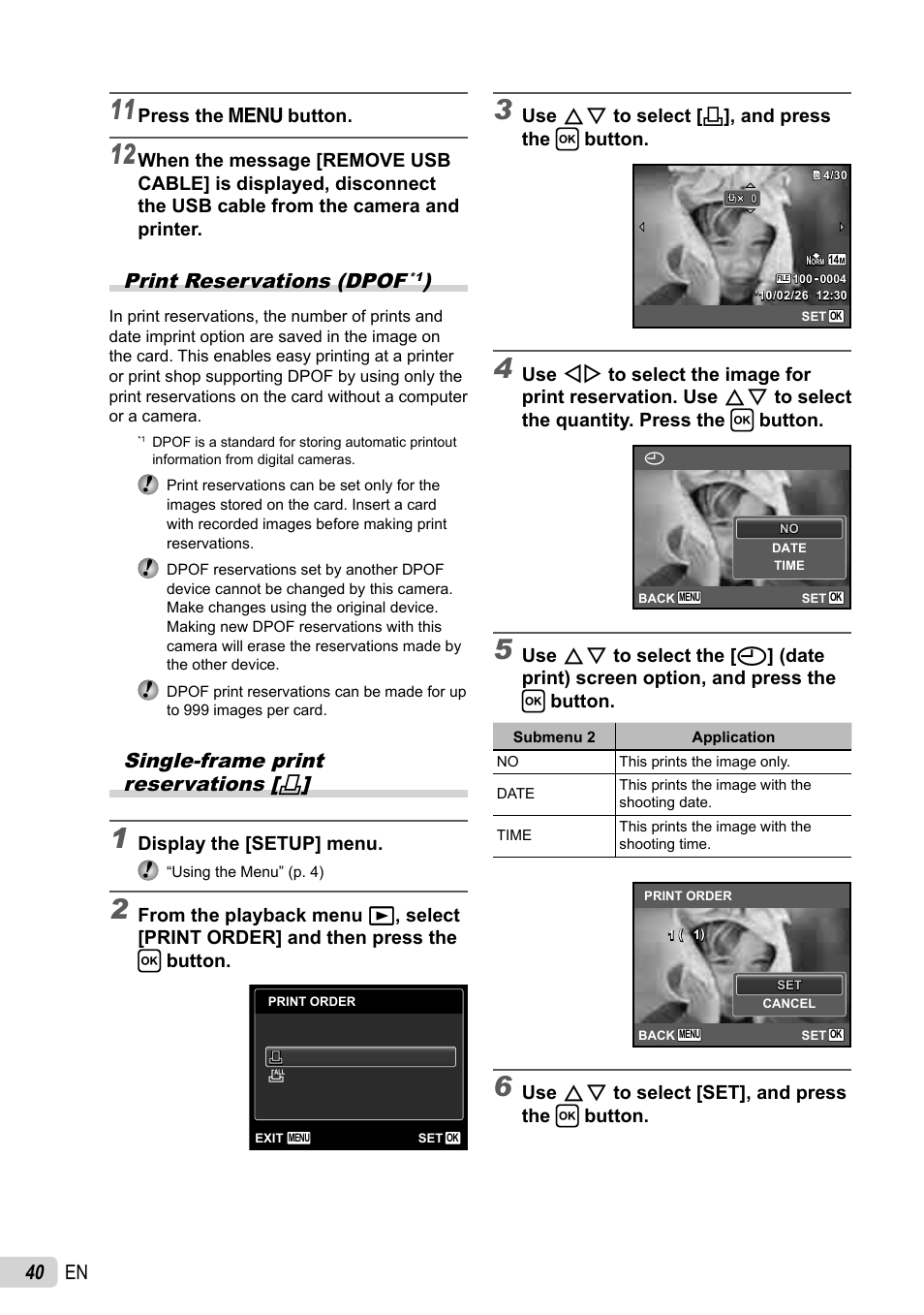 40 en, Print reservations (dpof, Single-frame print reservations | Olympus X-43 User Manual | Page 40 / 59