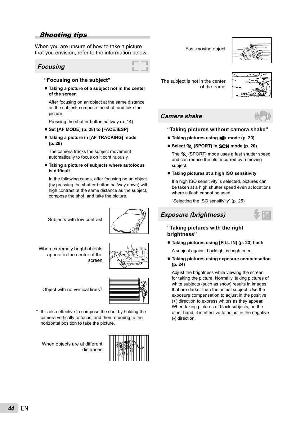 44 en shooting tips, Focusing, Camera shake | Exposure (brightness) | Olympus X-43 User Manual | Page 44 / 59