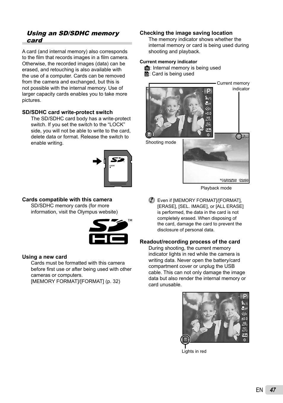 Sd/sdhc card write-protect switch, Cards compatible with this camera, Using a new card | Checking the image saving location, Readout/recording process of the card | Olympus X-43 User Manual | Page 47 / 59