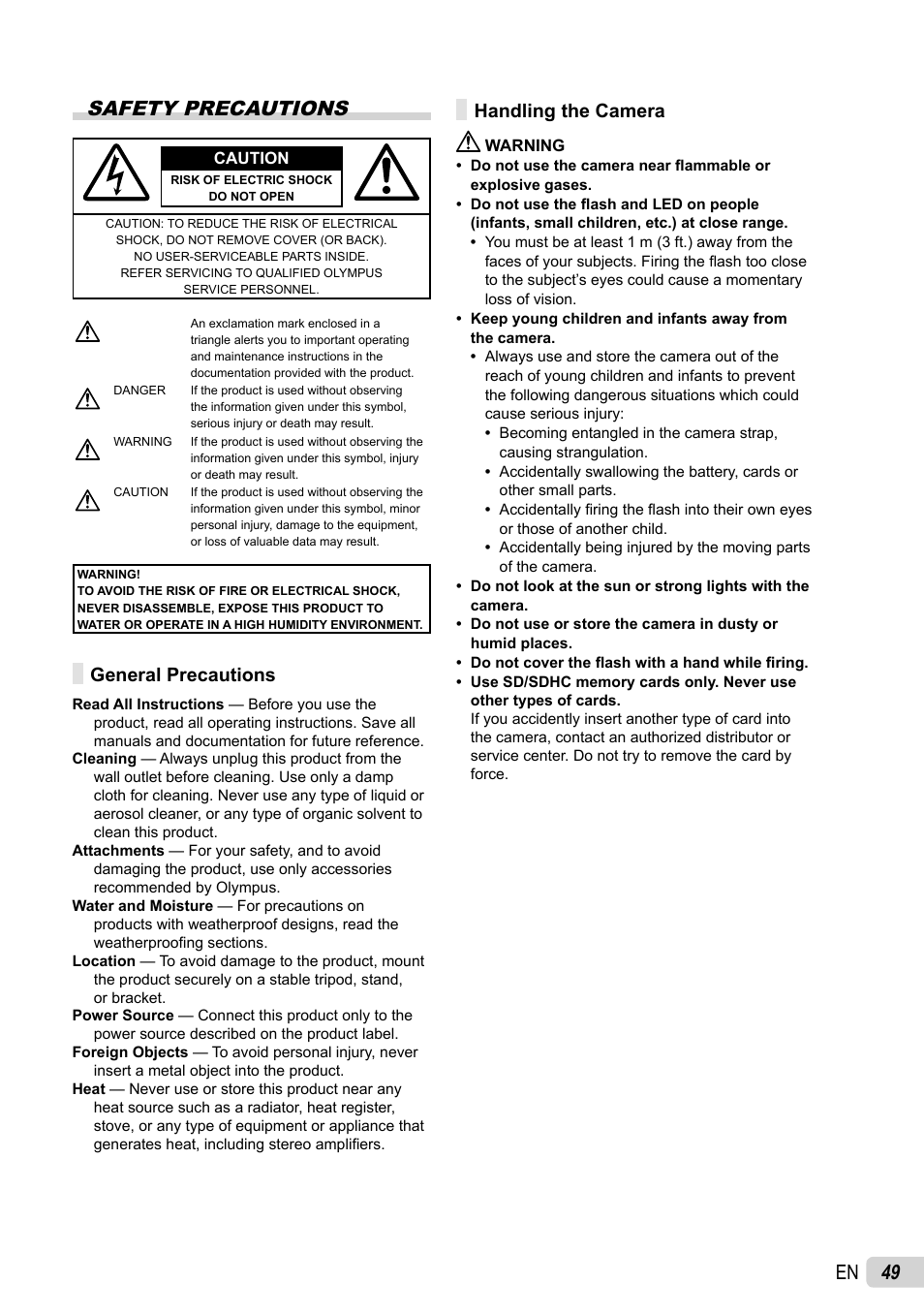 49 en safety precautions, General precautions, Handling the camera | Olympus X-43 User Manual | Page 49 / 59