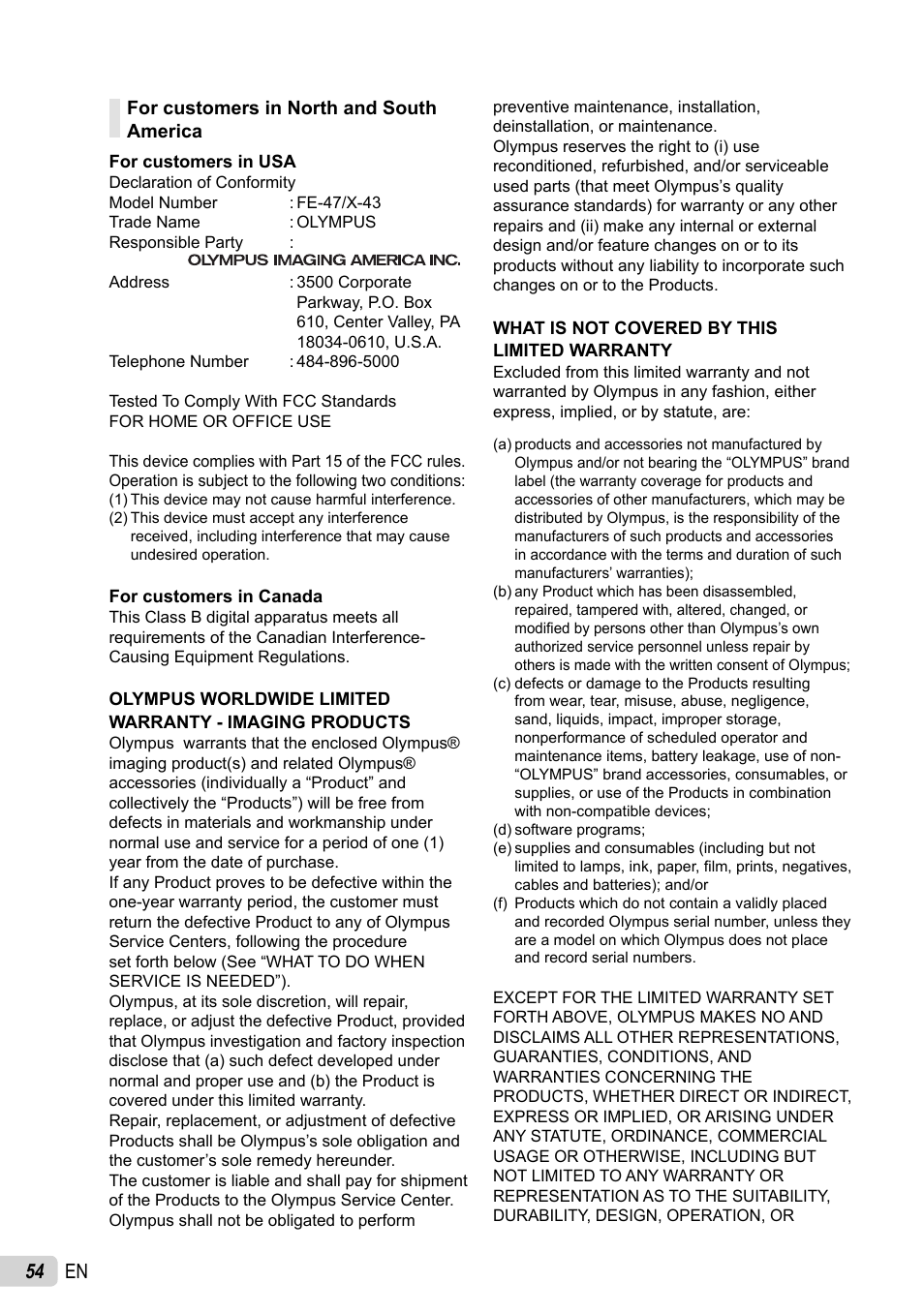 54 en | Olympus X-43 User Manual | Page 54 / 59
