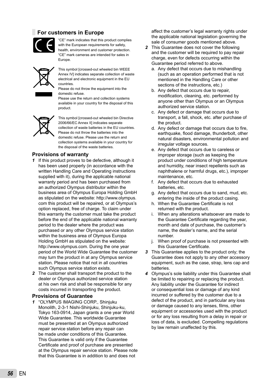 56 en, For customers in europe | Olympus X-43 User Manual | Page 56 / 59