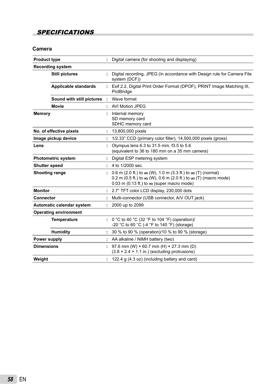 58 en specifications | Olympus X-43 User Manual | Page 58 / 59