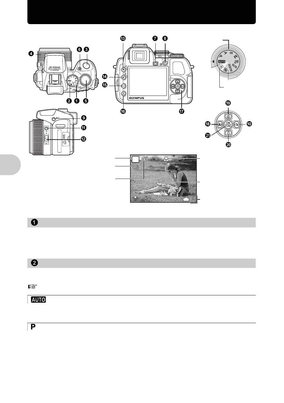 Button operations, Turning the camera on and off, Switching between shooting and playback modes | Shooting pictures with full automatic settings, Set the optimum aperture value and shutter speed, P.16, P.16), But to n o perat io ns, 1 power switch, 2 mode dial | Olympus SP-570 UZ User Manual | Page 16 / 96
