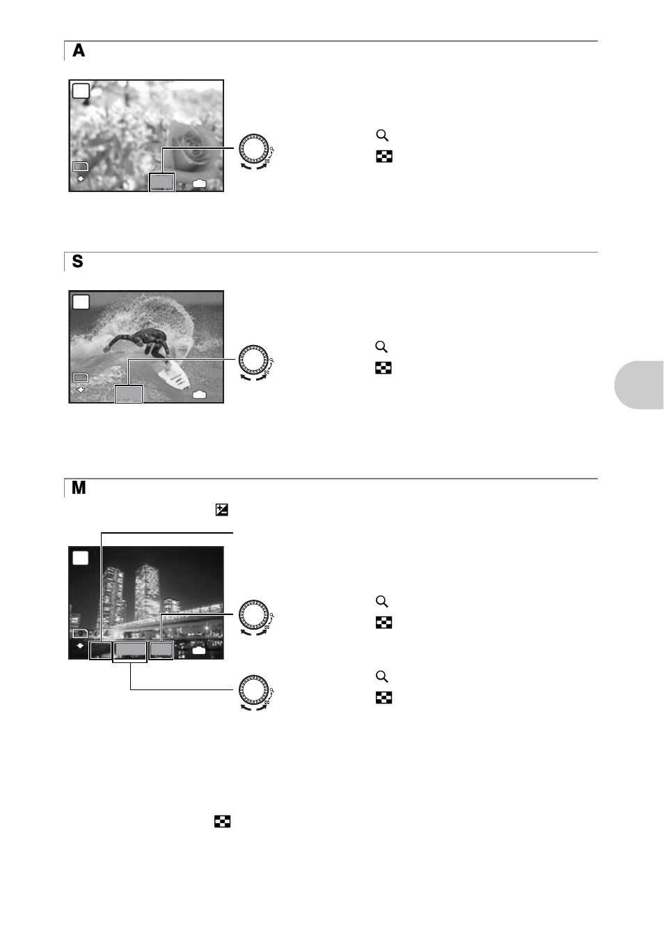 Changing the aperture value for shooting pictures, Changing the shutter speed for shooting pictures, P.17 | Butt on op erati on s, S changing the shutter speed for shooting pictures | Olympus SP-570 UZ User Manual | Page 17 / 96