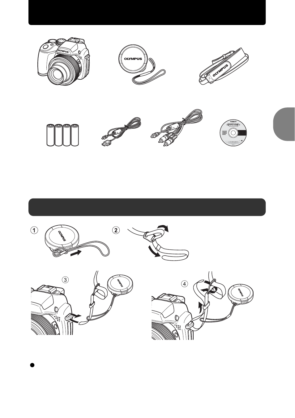 Quick start guide, Gather these items (box contents), Attach the strap and the lens cap | Olympus SP-570 UZ User Manual | Page 3 / 96
